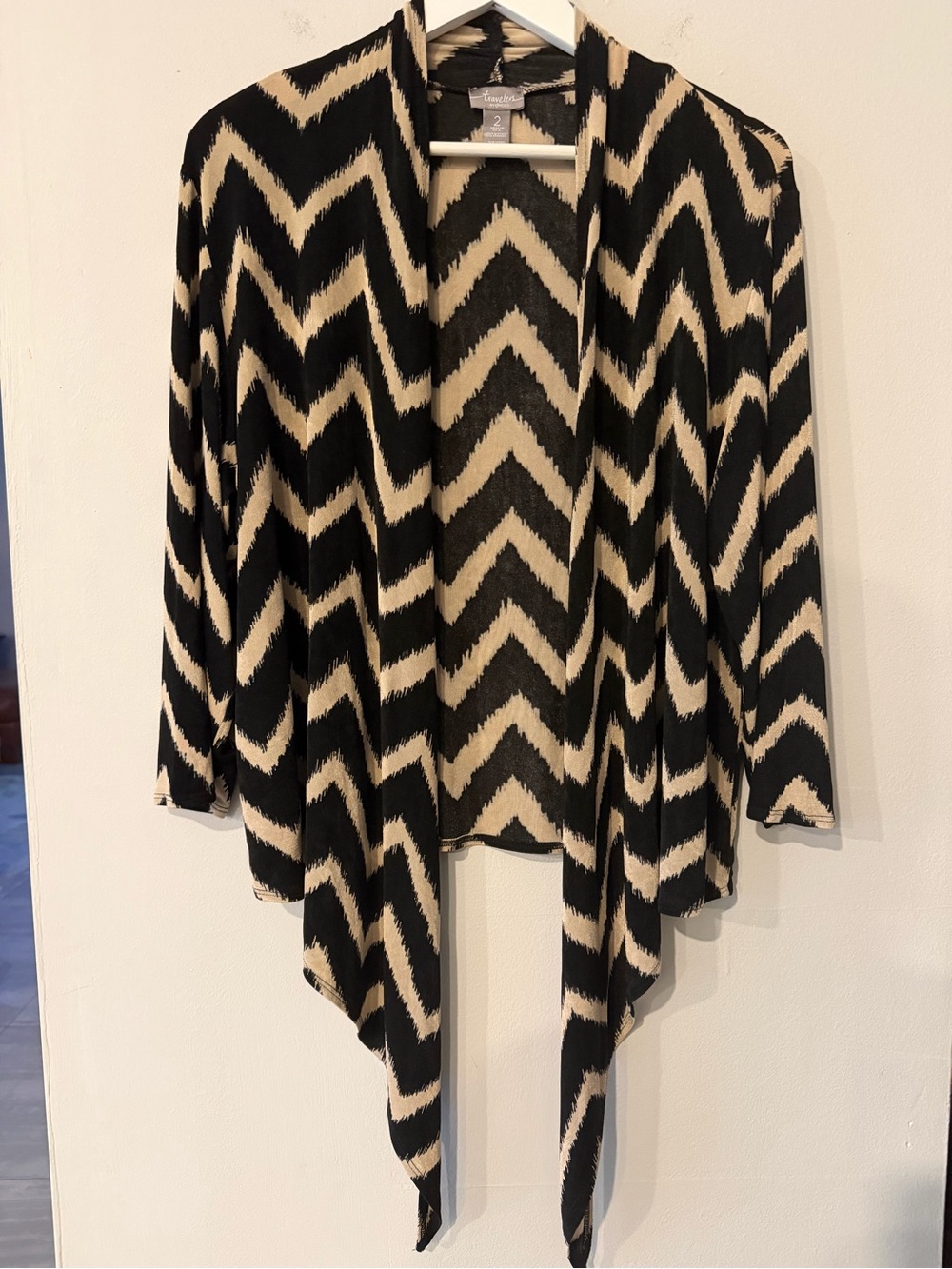 Chico’s Travelers Black & Cream Chevron Open-Front Cardigan Size 2 = Large 12